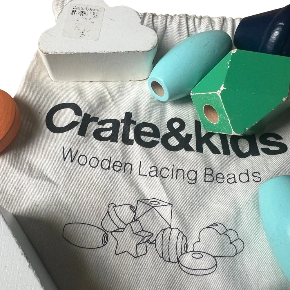 Crate & Barrel Wooden Learning Toys Set Chameleon and Thread and Bead Puzzle